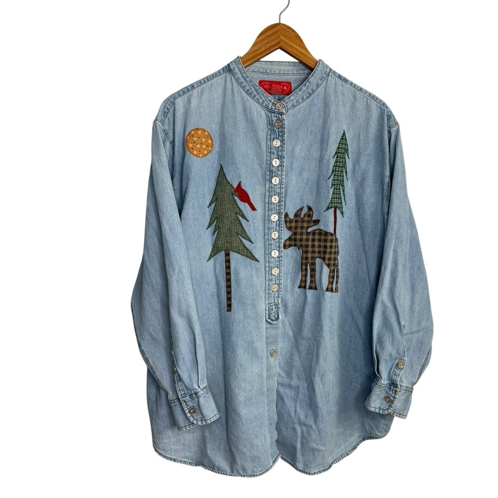 Venezia Women Shirt 18/20 Chambray Button Up VTG Patchwork Moose Nature Cardinal